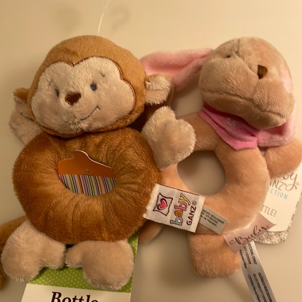 NWT My First Puppy Dog Baby Rattle and Monkey Bottle Hugger Set